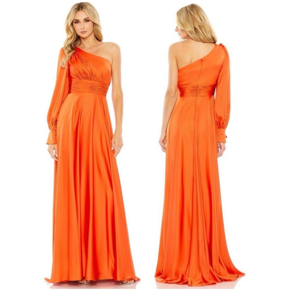 Mac Duggal NWT One Shoulder Bishop Sleeve Flowy Satin Gown Spice Orange Size 2
